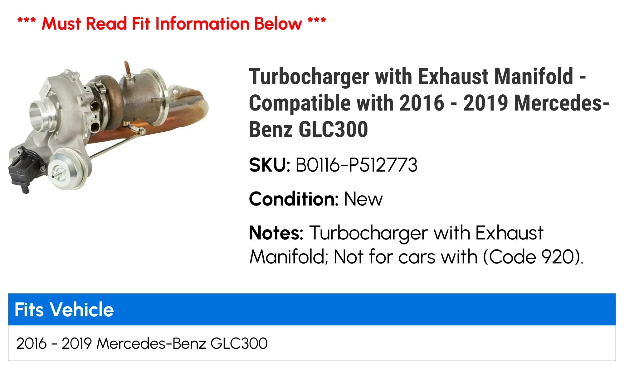 Turbocharger with Exhaust Manifold - Compatible with 2016 - 2019 Mercedes-Benz GLC300 2017 2018
