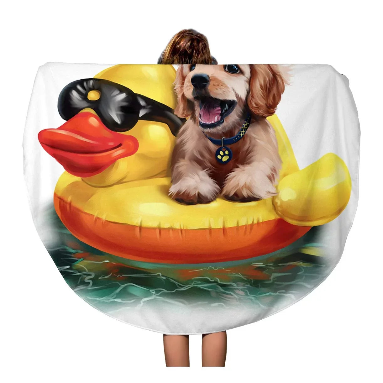60 inch Round Beach Towel Blanket Beach Puppy Floats on Inflatable Duck Watercolor Drawing Labrador Travel Circle Circular Towels Mat Tapestry Beach Throw