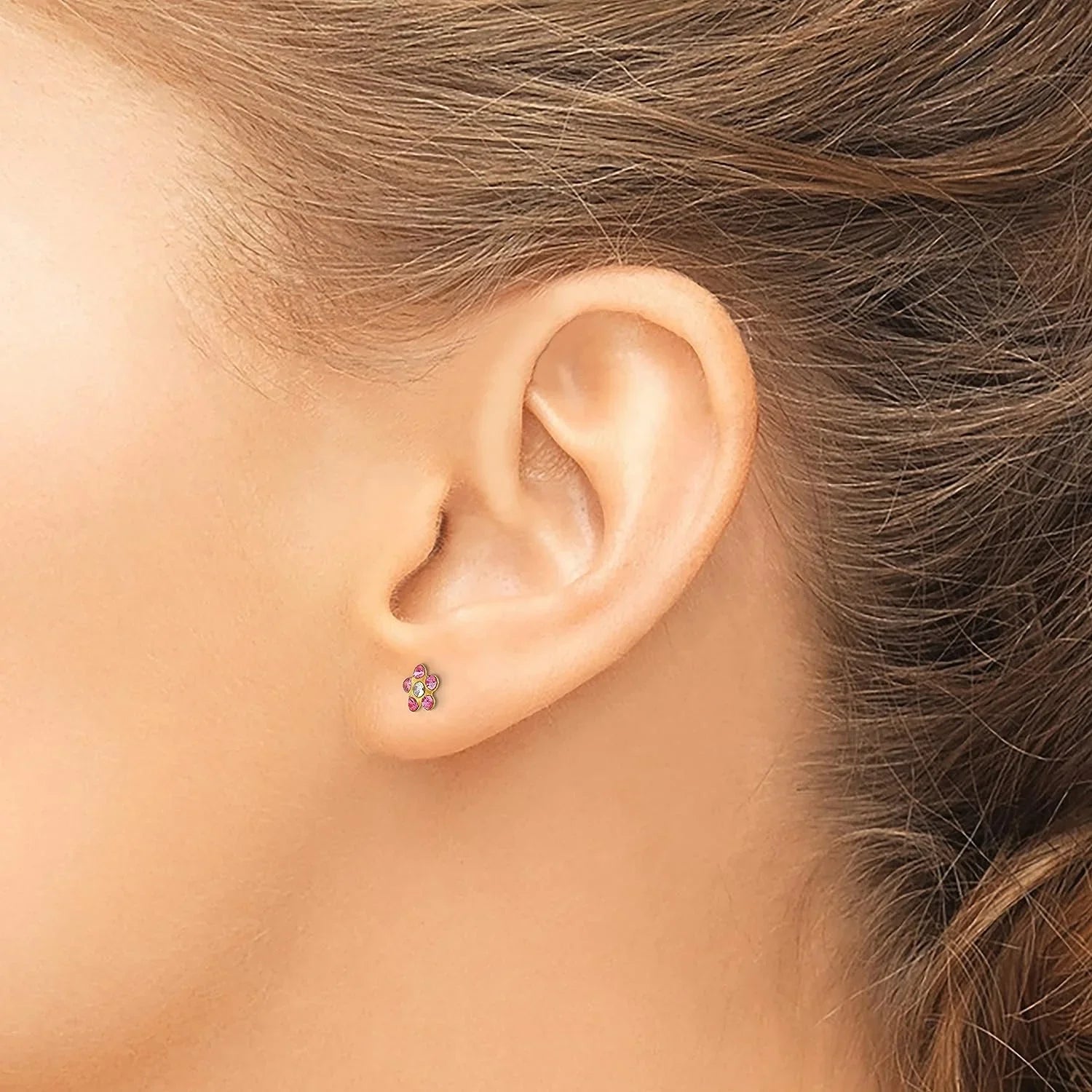Solid Inverness 14k Yellow Gold Rose/Aurora Borealis Crystal Flower Earrings - 5mm