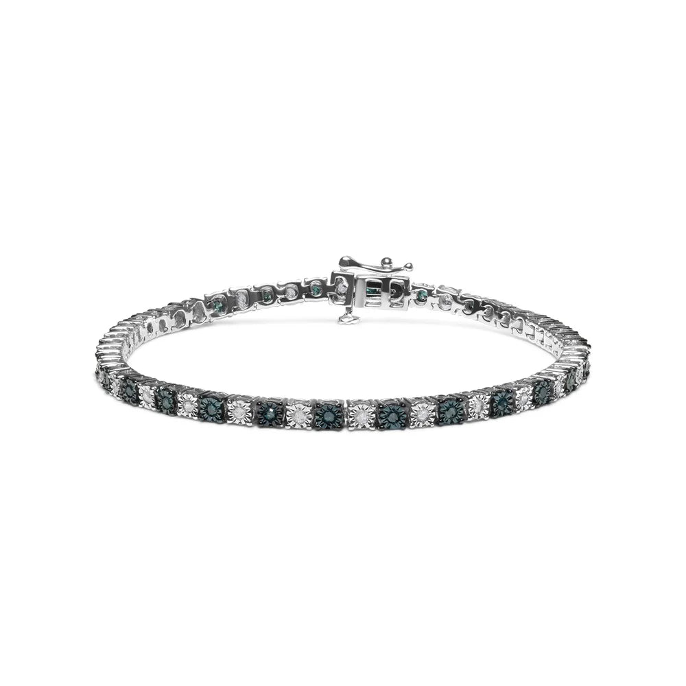 Haus of Brilliance .925 Sterling Silver 1.0 Cttw Womens with Alternating Round cut Box Clasp White Diamond and Treated Blue Diamond Tennis Bracelet (Blue and I-J Color, I3 Clarity) - Size 7" Inches