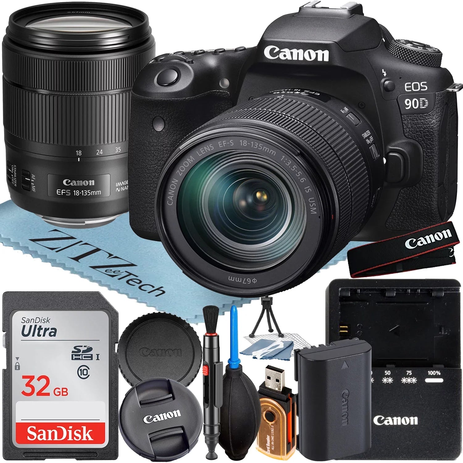 Canon  90D  Camera with 18-135mm   Lens + SanDisk 32GB Memory Card + ZeeTech Accessory Bundle