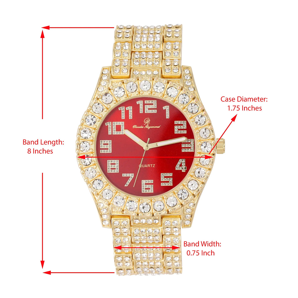 Charles raymond Mens Big Rocks with Numerals Fully Iced Out Colorful Dial Blinged Out Hip Hop Watch - ST10327AR Single Gold Blood Red