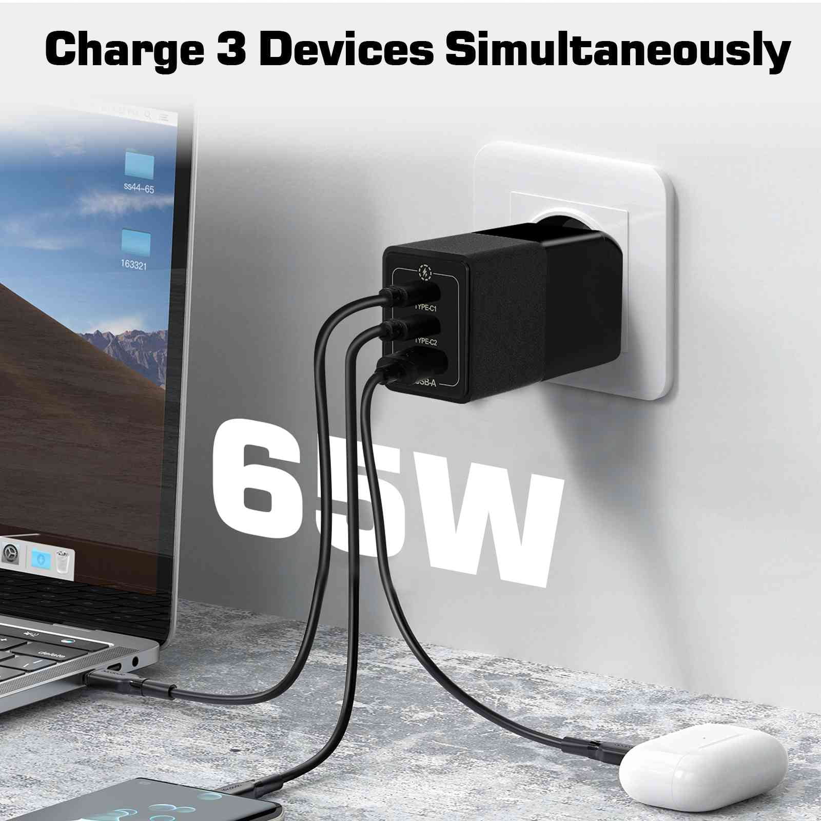 UrbanX 65W Fast Travel Charger with 3 Ports -  & Dual -C - High-Speed Charging Compatible with Coolpad Cool S1, iPhone, Samsung Galaxy, Google Pixel, MacBook, Steam Deck, Laptops & Phones