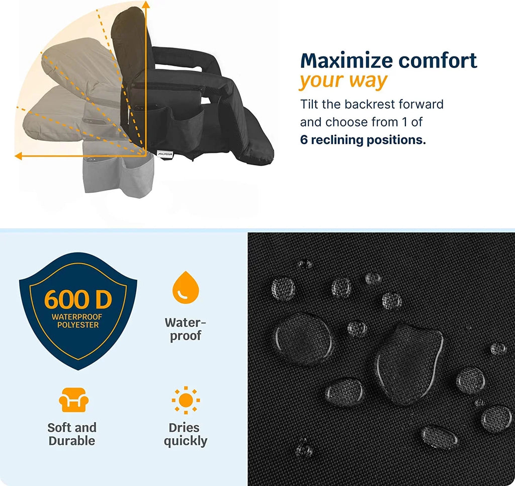Alpcour X-Wide Heated Massage Reclining Stadium Seat - Extra Thick Waterproof Chair with Wide Back Support - Black