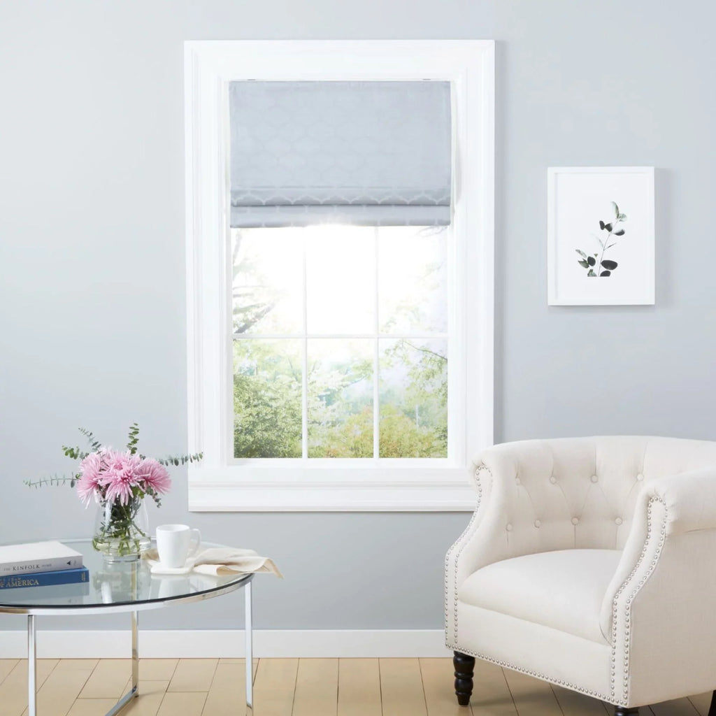 Exclusive Home Montague Trellis Total Blackout Roman Shade, 34"x64", Silver