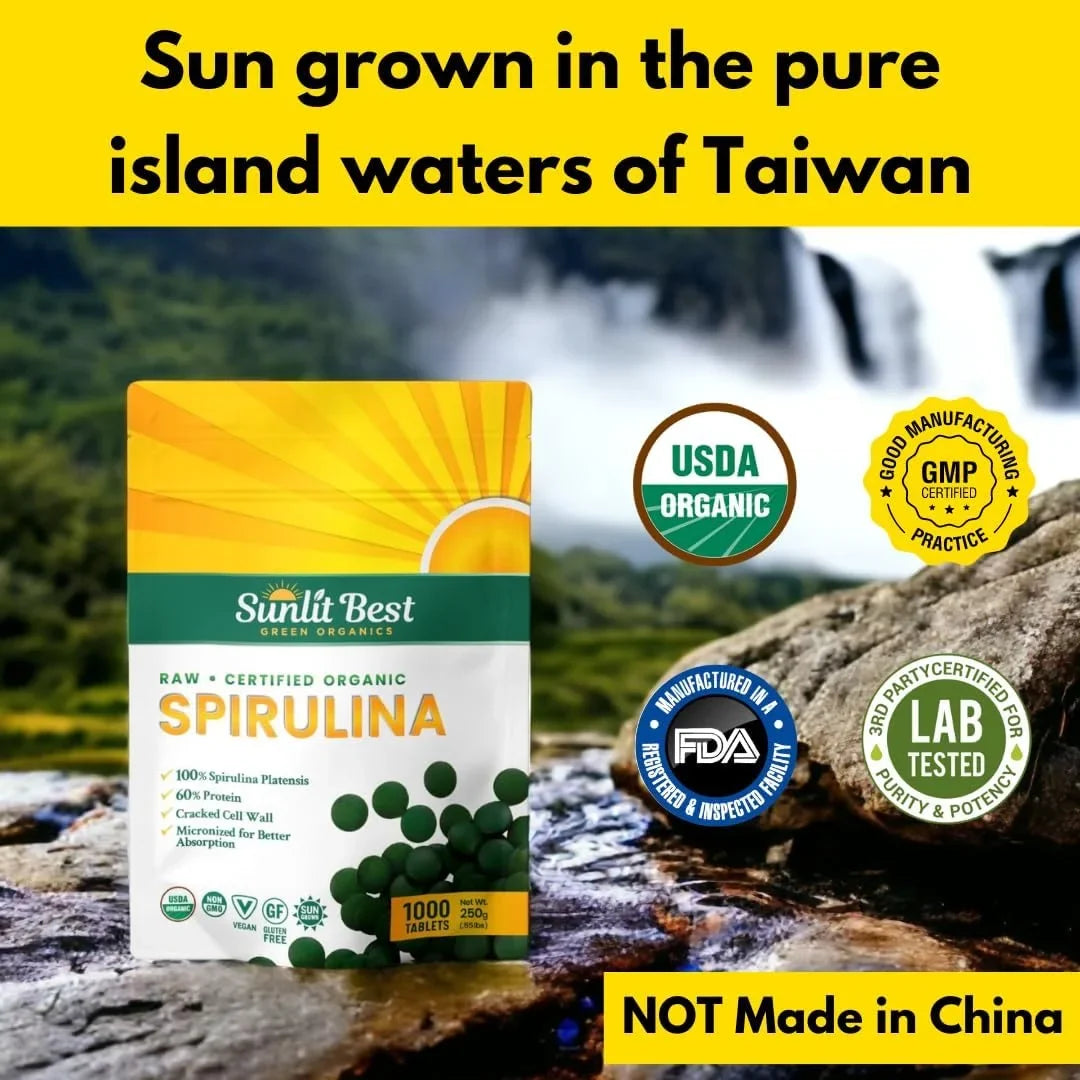 Sunlit Best -  Organic Spirulina Tablet - Natural Super Greens Supplements for Immune Support, Gut Health & Energy Drink Tablets with Chlorophyll, Vegan & High Protein Non , 1000 Superfood Tab