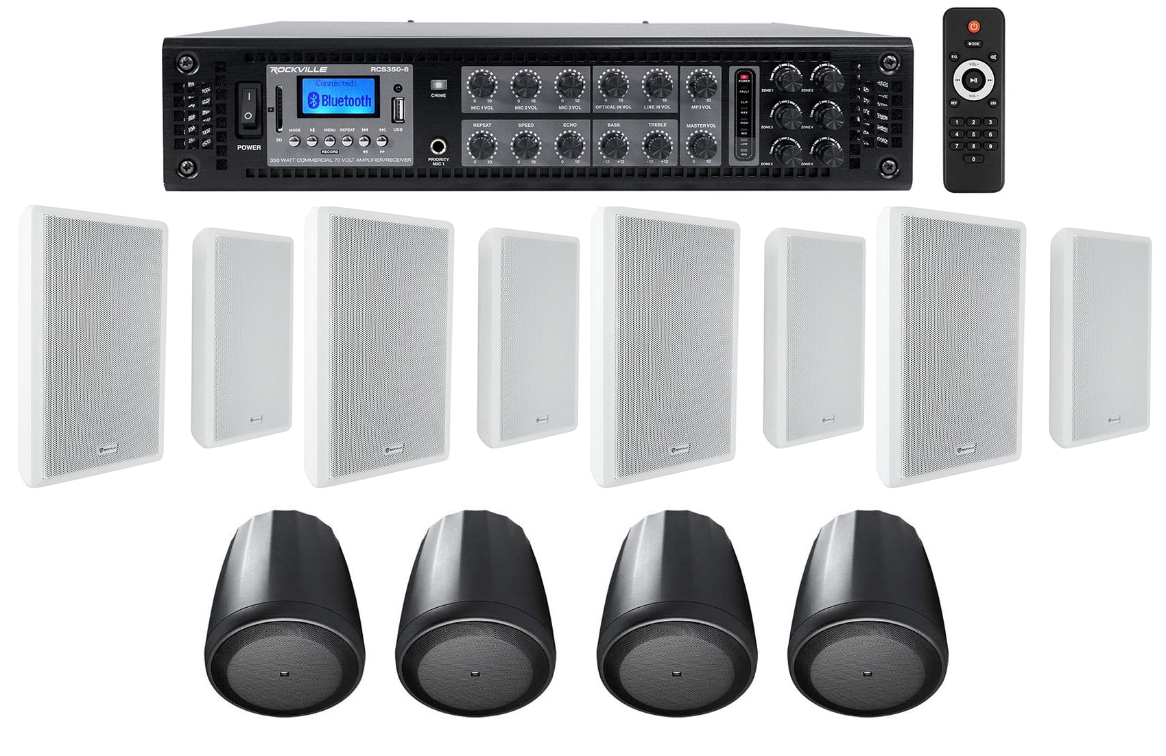 6-Zone Amplifier+4  Pendant+8 Slim White Wall Speakers 4 Restaurant/Bar/Cafe