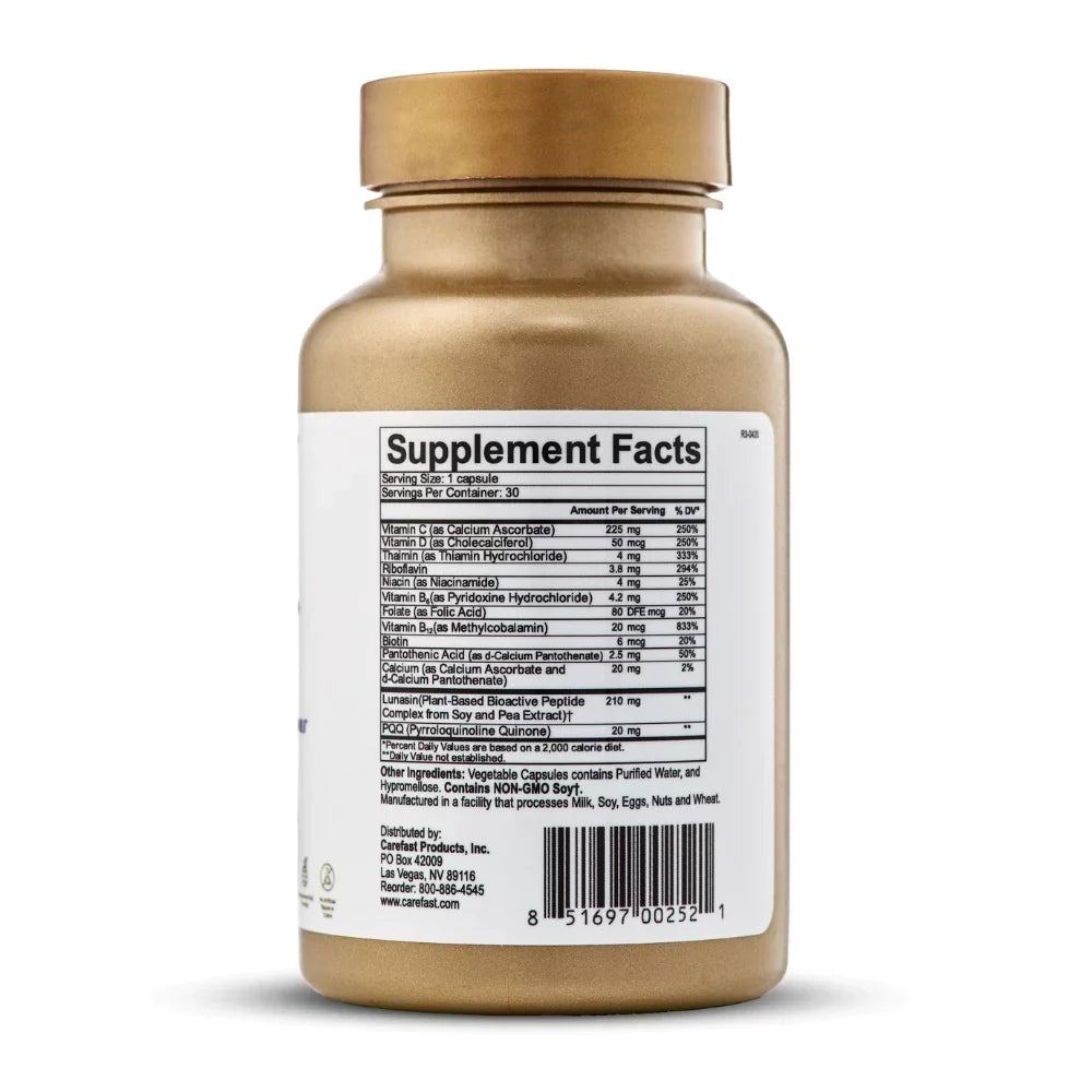 Carefast  Lunasin Vitality 20mg Pyroloquinoline Quinone, 10mg Bioactive LunaCell Supplement - Mitochondrial Biogenesis, Cellular Health & Stress Formula, Non- - 30 Dietary Capsules