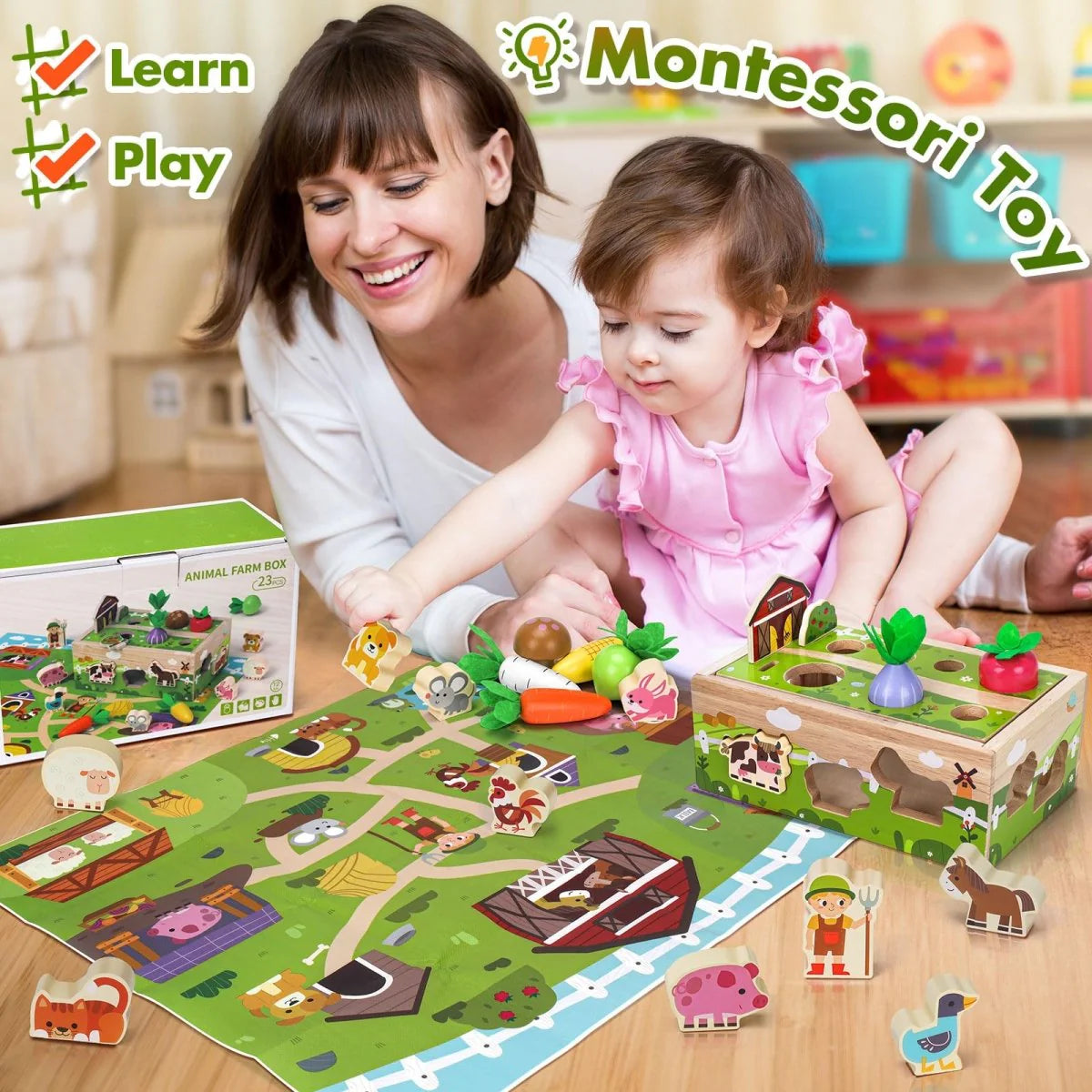 Montessori Carrot Toy with Animals, Storage, Shapes & Sorting